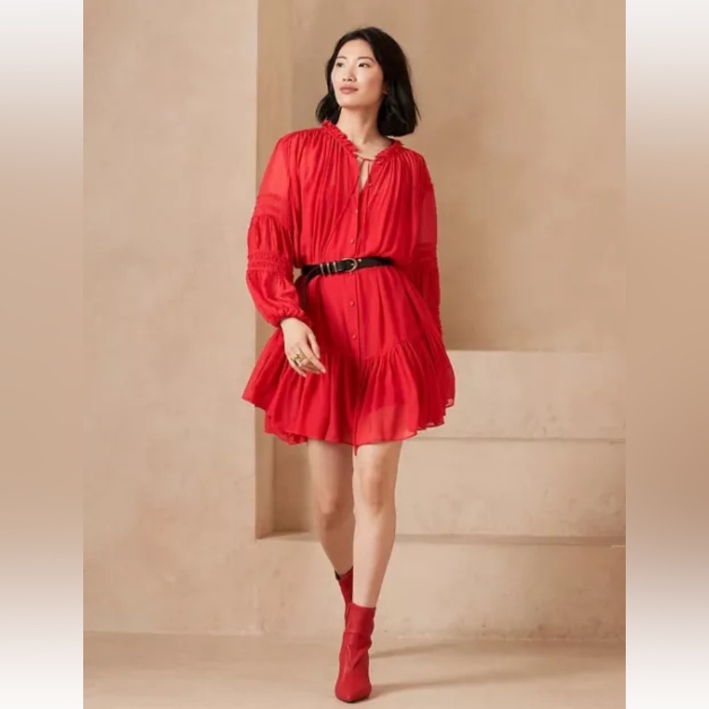 Banana Republic Sunset red crinkle silk mini shirt dress